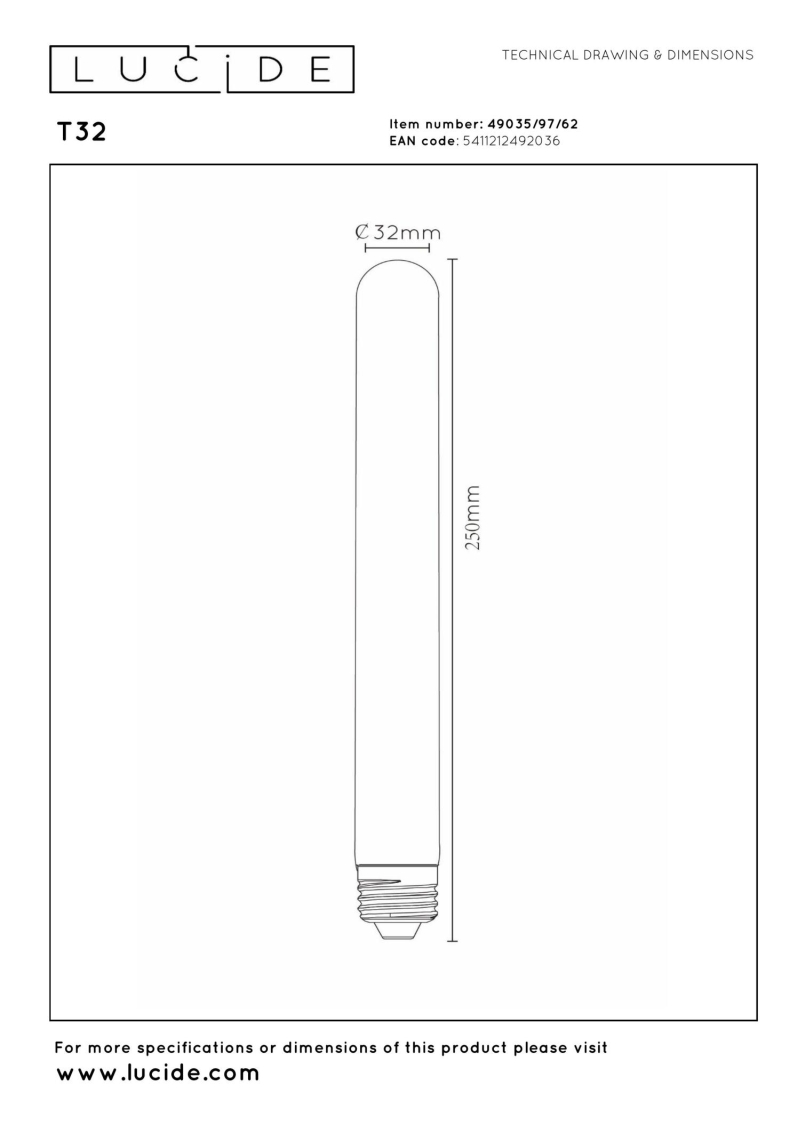 Lucide T32 - Filament bulb - Ø 3,2 cm - E27 - 1x4,9W 2200K - Amber